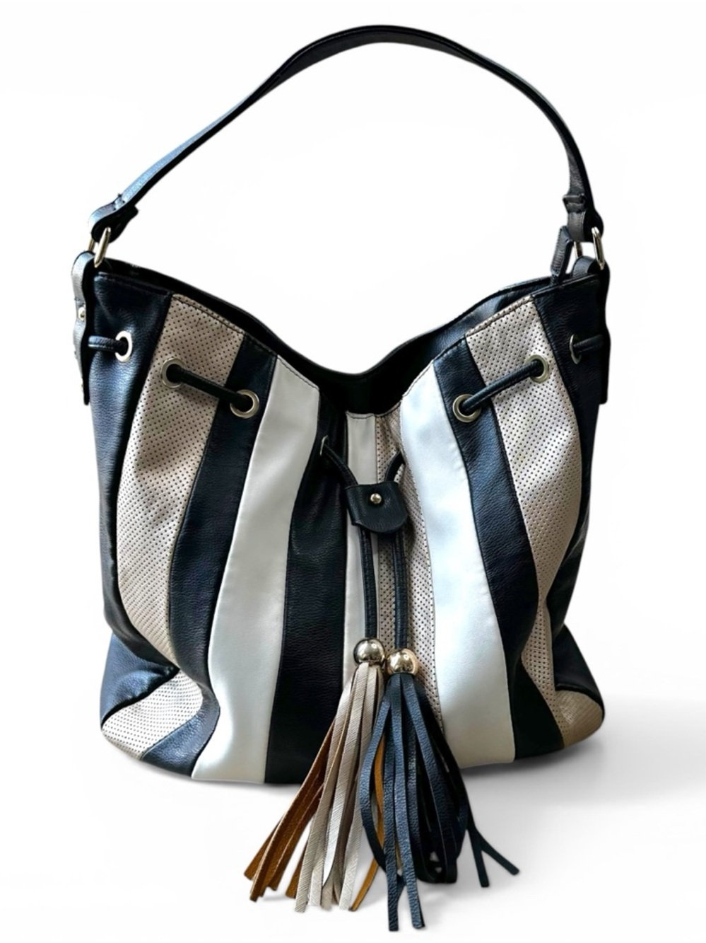 Jenny Fairy Black White Striped Bucket Bag Hobo Perforated Tassel Purse